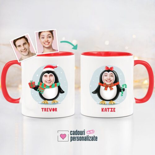 Set 2 cani amuzante de Craciun pentru cuplu, personalizate cu foto si nume