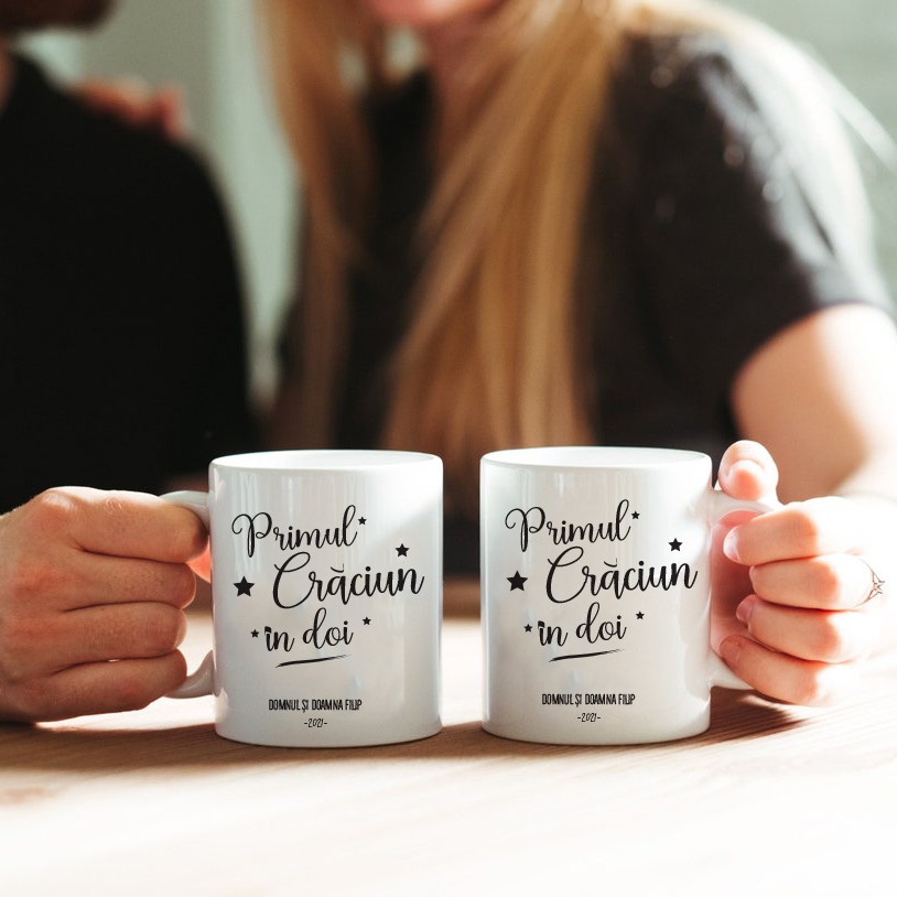 Set 2 cani de Craciun pentru cuplu, personalizate cu nume