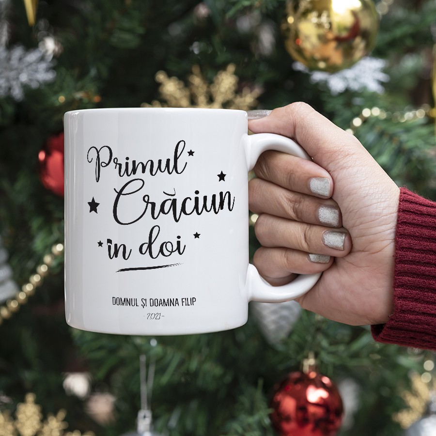 Set 2 cani de Craciun pentru cuplu, personalizate cu nume