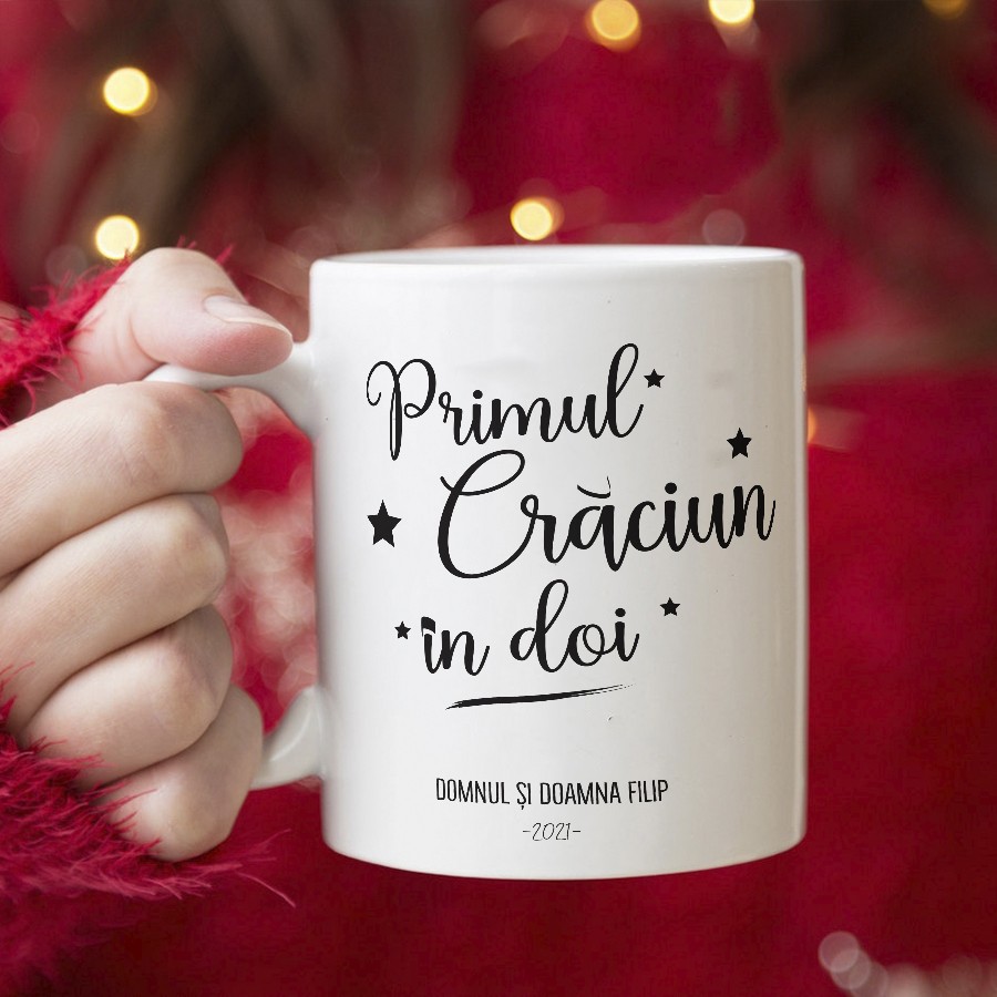 Set 2 cani de Craciun pentru cuplu, personalizate cu nume