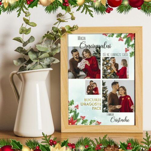 Tablou Craciun A4 personalizat cu 4 poze si nume familie