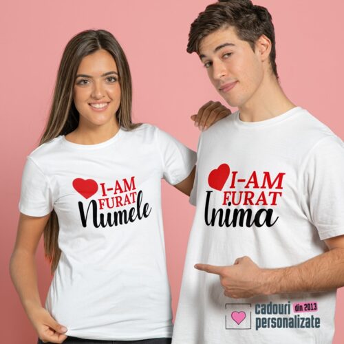 Set 2 tricouri personalizate pentru cuplu "I-am furat inima - I-am furat numele"
