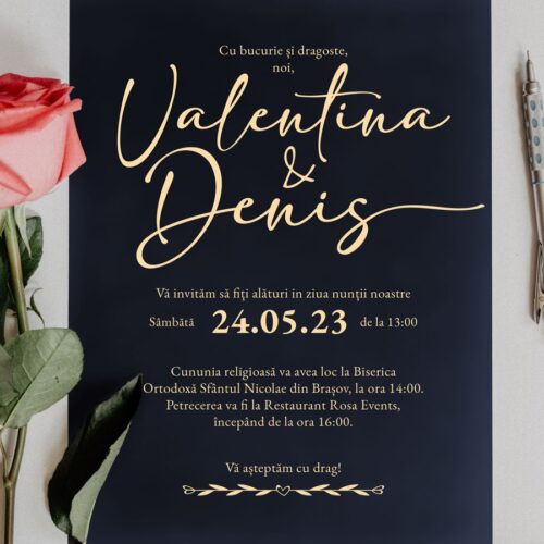 Invitatie de Nunta - Text auriu cu fundal albastru inchis